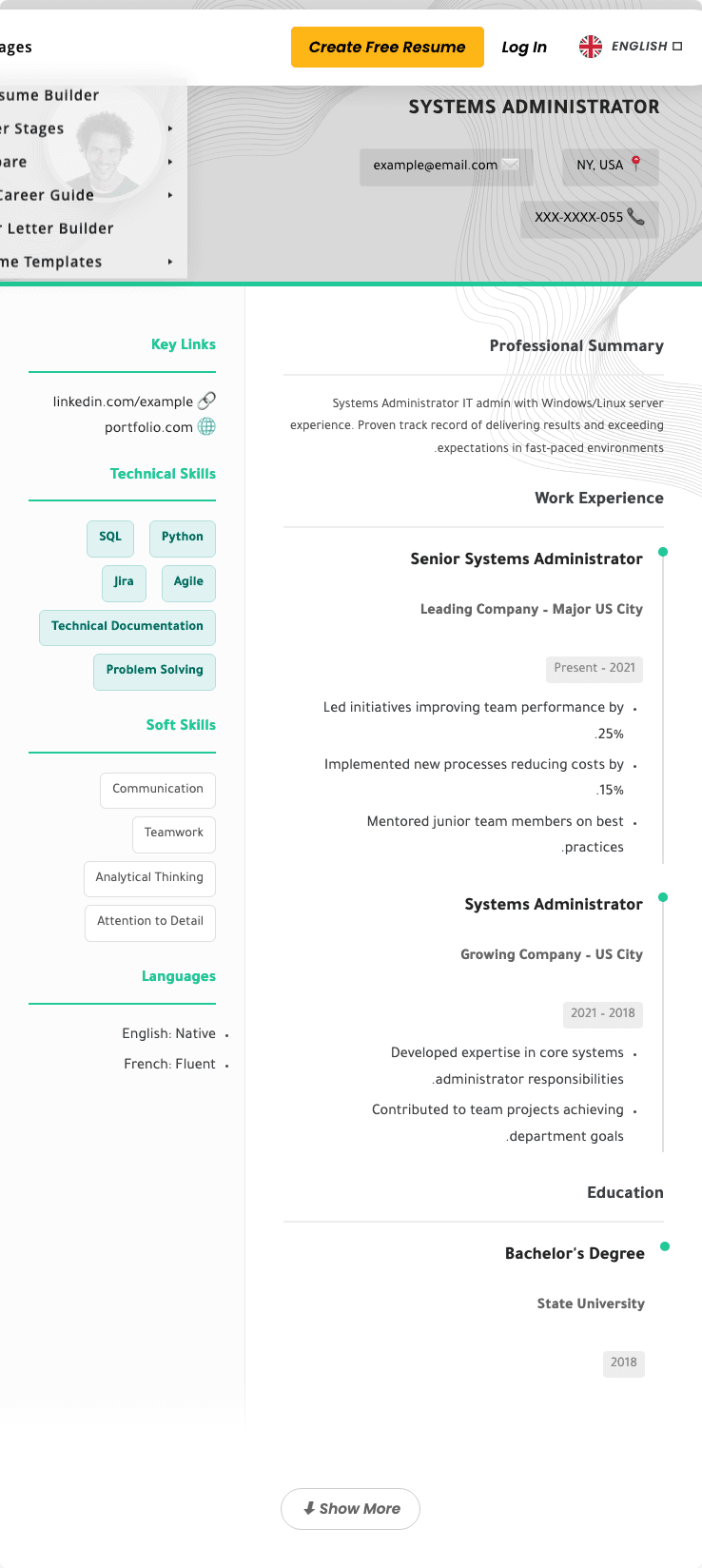CV Preview Systems Administrator Resume Example