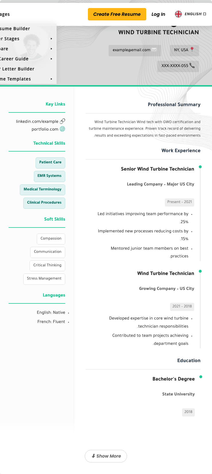 CV Preview Wind Turbine Technician Resume Example