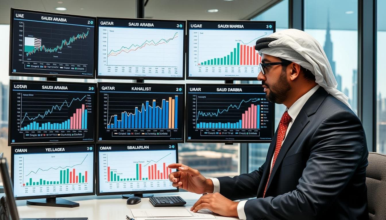 Professional analyzing GCC job market trends on digital screens