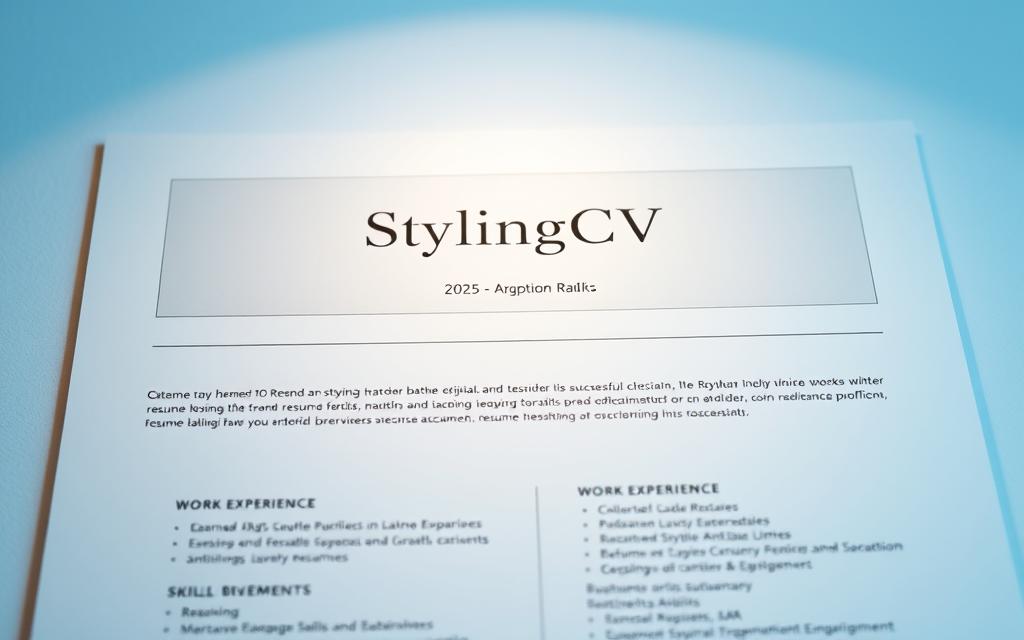 Refined, minimalist resume template with clean lines and elegant typography. Centered title "StylingCV" in modern sans-serif font, surrounded by a subtle gray border. Underneath, a neatly organized layout showcasing key details - education, work experience, skills, and achievements - in a crisp, legible manner. Soft, cool-toned lighting illuminates the design, creating a professional, polished atmosphere. High-resolution, close-up angle captures the meticulous attention to detail, reflecting the thoughtful, structured approach to crafting a successful resume in 2025.