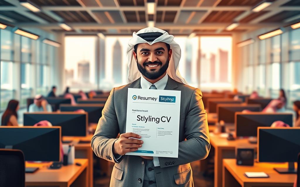 A vibrant, dynamic illustration of the importance of a well-crafted resume in the Saudi job market. A professional, polished Saudi man stands confidently in the foreground, holding an StylingCV logo resume, surrounded by a bustling office scene with computers, desks, and potential employers evaluating candidates. The scene is bathed in warm, professional lighting, conveying the sense of opportunity and competitiveness inherent in the Saudi labor force. The background features the iconic architecture of Riyadh, highlighting the modern, forward-thinking nature of the Saudi economy. The overall composition emphasizes the pivotal role a strong, expertly designed resume plays in securing employment in the dynamic Saudi job market.