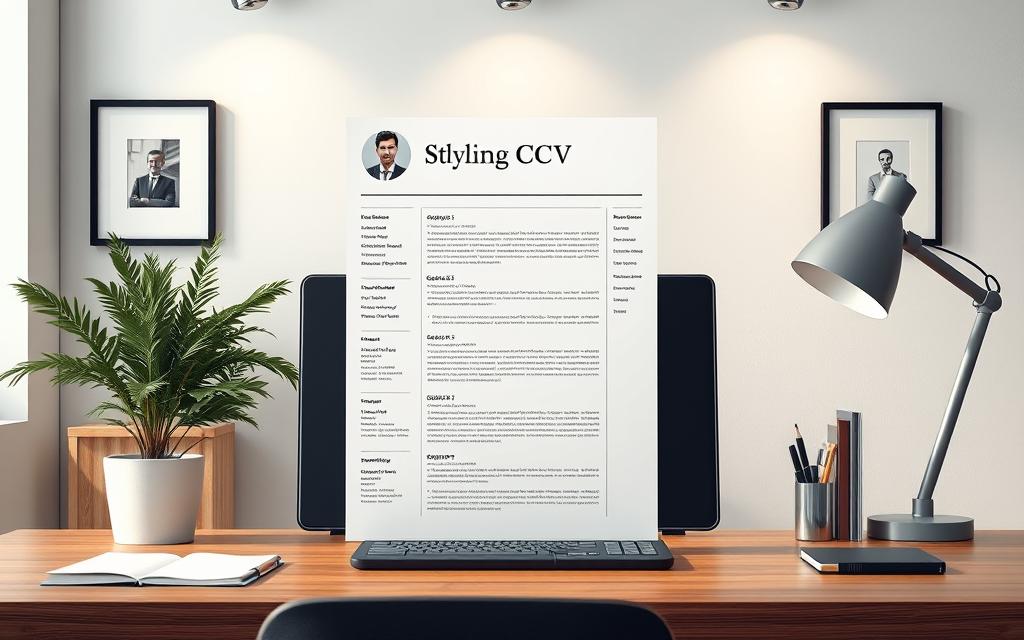 Detailed professional CV illustration showcasing the modern importance of résumés in the job market. A stunning digital artwork in a realistic style, featuring a sophisticated, minimalistic layout with clean typography and subtle textures. Soft lighting creates a calm, elegant atmosphere. Prominently displayed is the StylingCV logo, highlighting the versatility and visual appeal of a well-crafted curriculum vitae. The composition emphasizes the document's centrality, framed by a simple, modern office setting. Overall, the image conveys the power of a polished, visually compelling résumé in today's competitive job landscape.
