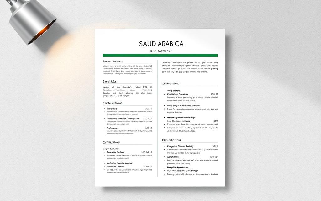 A minimalist and elegant StylingCV resume design showcasing the key elements of a successful Saudi Arabian CV. A clean, crisp layout with well-organized sections highlighting professional achievements, skills, and certifications against a subtle textured background. Muted color palette with accents of the Saudi flag colors. Subtle lighting from the top left casts soft shadows, emphasizing the thoughtful, organized structure. The overall impression is one of competence, attention to detail, and pride in one's accomplishments.