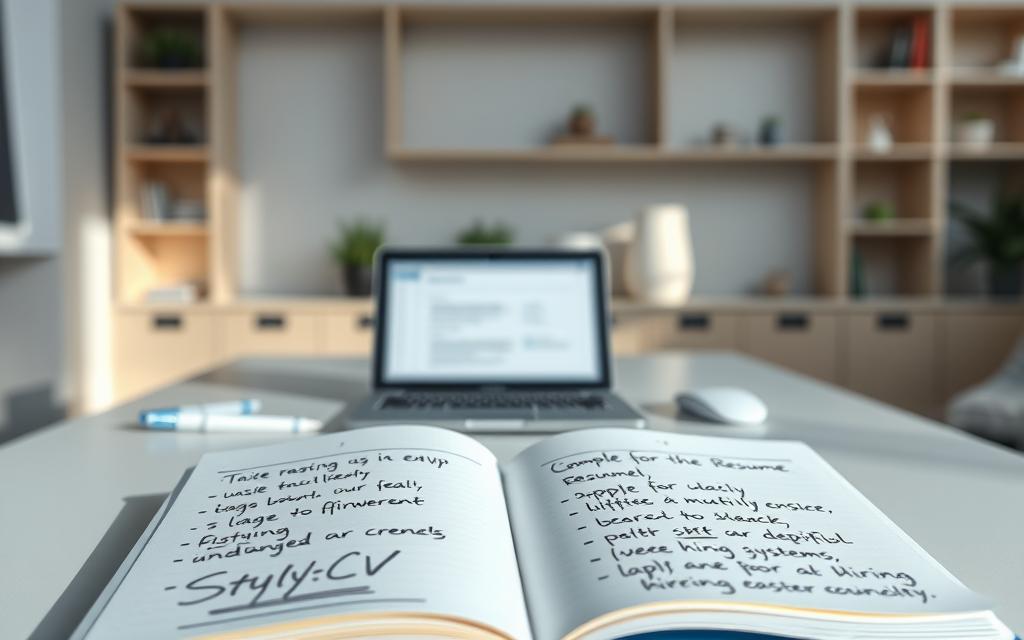 A clean, modern workplace interior with a minimalist desk and laptop, showcasing a resume or CV on the screen. Soft natural lighting illuminates the desk, creating a serene, professional atmosphere. In the foreground, an open notebook displays handwritten notes and tips for crafting a compelling resume, highlighting the importance of an "StylingCV" optimized for electronic hiring systems. The background features neutral-toned walls and shelves, creating a sense of focus and productivity.