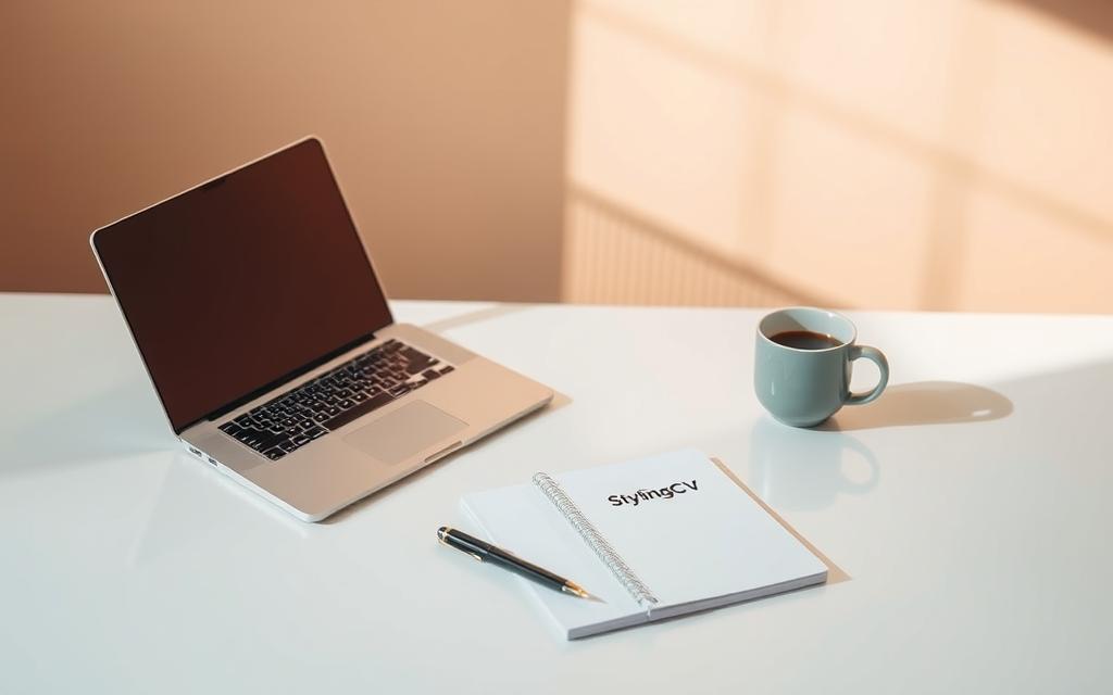 A serene, minimalist workspace with a crisp white desk, illuminated by a soft, natural light. On the desk, a laptop and a notepad with "StylingCV" written on the cover. Beside them, a pen and a cup of coffee, hinting at the focused, contemplative process of crafting a professional CV. The background is a warm, neutral-toned wall, creating a calming, yet productive atmosphere for the task at hand.