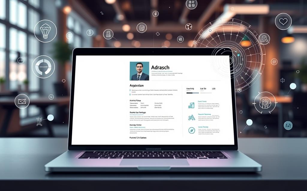 A detailed and visually compelling StylingCV illustration showcasing the AI-powered process of crafting a professional personal resume. In the foreground, a modern laptop displays a sleek, minimalist CV template, with soft lighting illuminating the screen. In the middle ground, abstract data visualizations and AI-inspired icons swirl, hinting at the intelligent algorithms powering the CV creation. The background features a blurred office setting, conveying a sense of productivity and the career-focused atmosphere. The overall composition radiates a digital, futuristic aesthetic, inviting the viewer to imagine the seamless, AI-driven approach to building an impactful self-introduction.