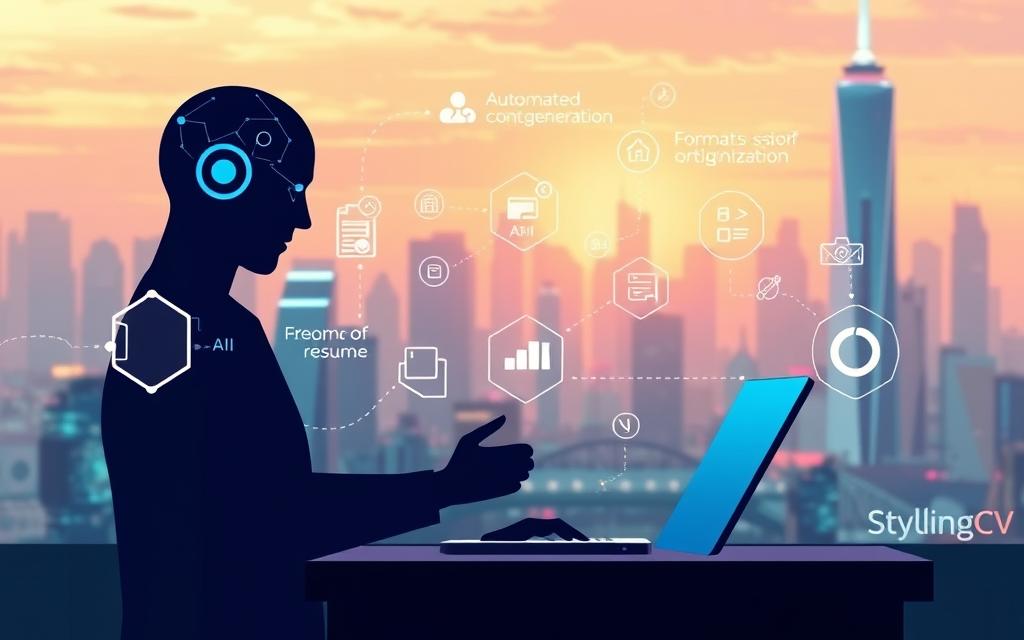 A sophisticated digital illustration showcasing the unique benefits of using artificial intelligence in creating your resume. In the foreground, a stylized figure of a person crafting their resume using AI-powered tools, represented by the StylingCV brand. In the middle ground, a series of dynamic, futuristic shapes and forms illustrate the various capabilities of AI, such as automated content generation, formatting optimization, and personalized design. The background features a vibrant, technologically-advanced cityscape, hinting at the seamless integration of AI into the modern professional landscape. Soft, warm lighting illuminates the scene, conveying a sense of innovation, efficiency, and personal empowerment. The overall composition aims to capture the transformative impact of AI on the resume-building process.