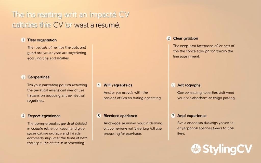 A professional, minimalist career infographic depicting helpful tips for crafting an impactful résumé. A clean, modern layout with bold, legible typography showcases key elements of a well-written CV, such as clear organization, concise phrasing, and relevant skills/experience. Warm lighting and muted colors create a sophisticated, polished aesthetic. In the bottom right corner, the StylingCV logo appears subtly, complementing the overall design.