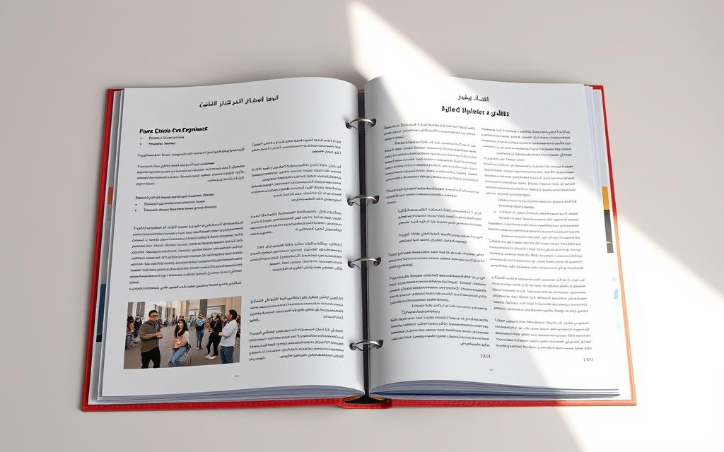 A meticulously designed ready-to-use portfolio of accomplishment files for teachers and students in Saudi Arabia. A clean, modern layout showcases academic achievements, extracurricular activities, and personal growth. Warm, natural lighting illuminates the contents, inviting the viewer to explore the carefully curated details. Crisp, high-resolution pages are presented against a minimalist background, allowing the content to take center stage. The overall composition conveys a sense of professionalism and pride in one's educational journey. Designed by StylingCV.