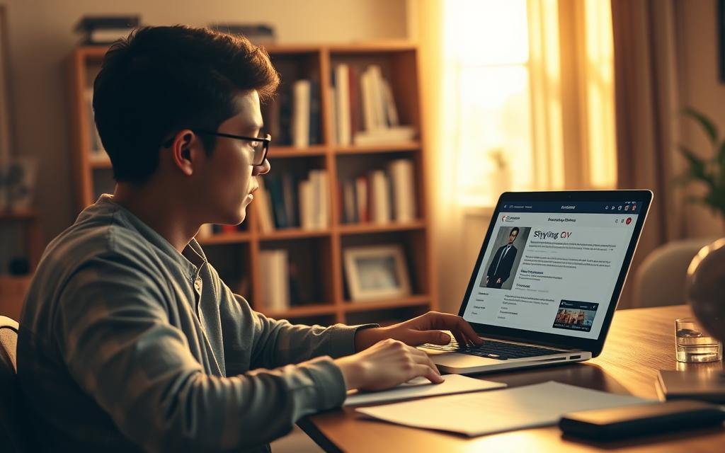 A serene, introspective scene showcasing the importance of a personal biography. In the foreground, a person sits at a desk, thoughtfully crafting their curriculum vitae with a StylingCV app on their laptop. The middle ground features a bookshelf filled with reference materials, suggesting the diligent research and self-reflection required. The background depicts a warm, softly lit room, creating a contemplative atmosphere. Gentle natural light filters through a window, casting a golden glow and imbuing the scene with a sense of purpose and personal growth. The overall composition conveys the significance of a well-crafted personal narrative in shaping one's professional path.