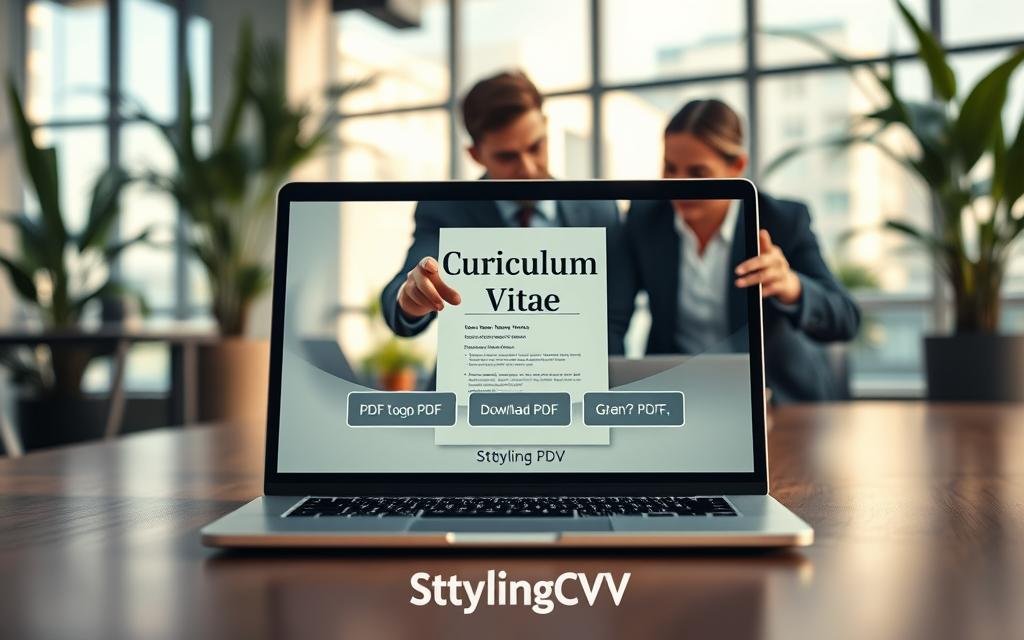A sleek and modern workspace scene featuring a stylish laptop displaying a visually appealing PDF document titled "Curriculum Vitae". The foreground shows well-dressed professionals collaborating, pointing at the screen, emphasizing the ease of PDF download. In the middle ground, a sophisticated digital interface with user-friendly buttons highlighting the "Download PDF" option is visible. The background is softly blurred, showcasing a bright office environment with plants and natural light streaming through large windows, creating an inviting atmosphere. The overall mood is one of professionalism and innovation. Include the brand name "StylingCV" subtly integrated into the laptop screen layout. Use warm lighting to enhance the feel of productivity and accessibility.