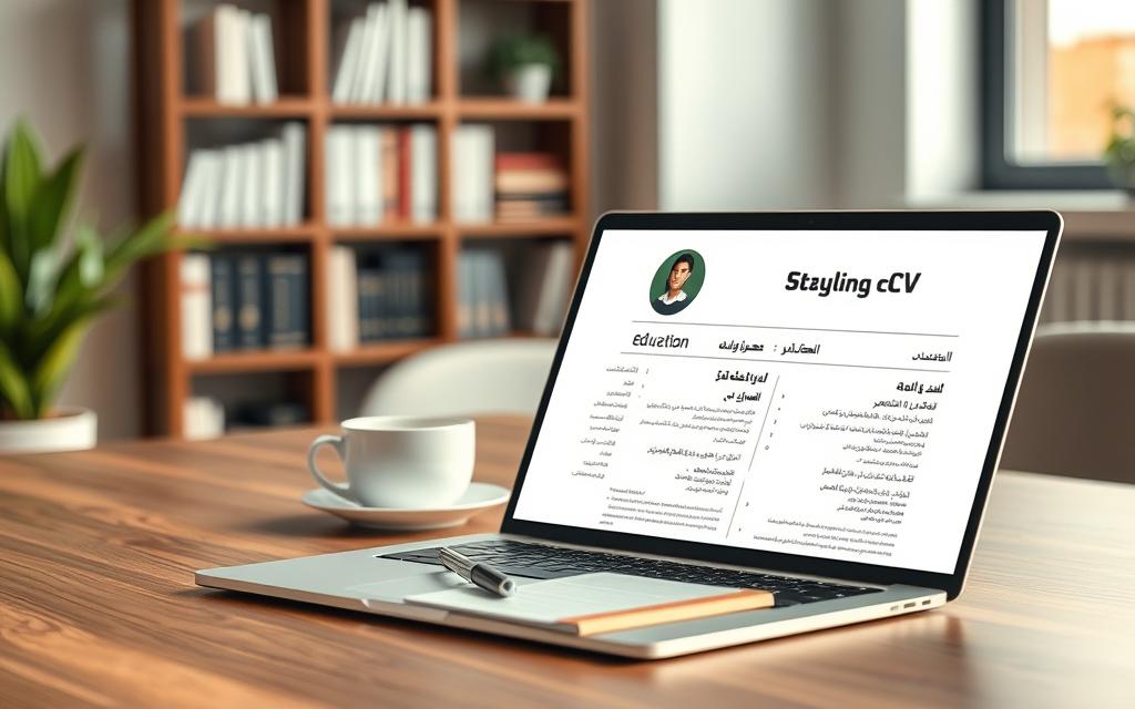 A beautifully arranged workspace featuring an elegant, well-organized resume layout titled "StylingCV." The foreground showcases a modern desk with a sleek laptop, an open document displaying a professional CV template in Arabic, emphasizing clear sections like education, experience, and skills. In the middle ground, a stylish pen and a notepad are placed alongside a cup of coffee, adding a warm touch. The background is softly blurred to highlight a bookshelf with business books, projecting a sense of professionalism. Soft, natural lighting filters in from a nearby window, creating an inviting atmosphere. The overall mood is focused and productive, ideal for illustrating the importance of choosing the right CV format. A beautifully arranged workspace featuring an elegant, well-organized resume layout titled "StylingCV." The foreground showcases a modern desk with a sleek laptop, an open document displaying a professional CV template in Arabic, emphasizing clear sections like education, experience, and skills. In the middle ground, a stylish pen and a notepad are placed alongside a cup of coffee, adding a warm touch. The background is softly blurred to highlight a bookshelf with business books, projecting a sense of professionalism. Soft, natural lighting filters in from a nearby window, creating an inviting atmosphere. The overall mood is focused and productive, ideal for illustrating the importance of choosing the right CV format.