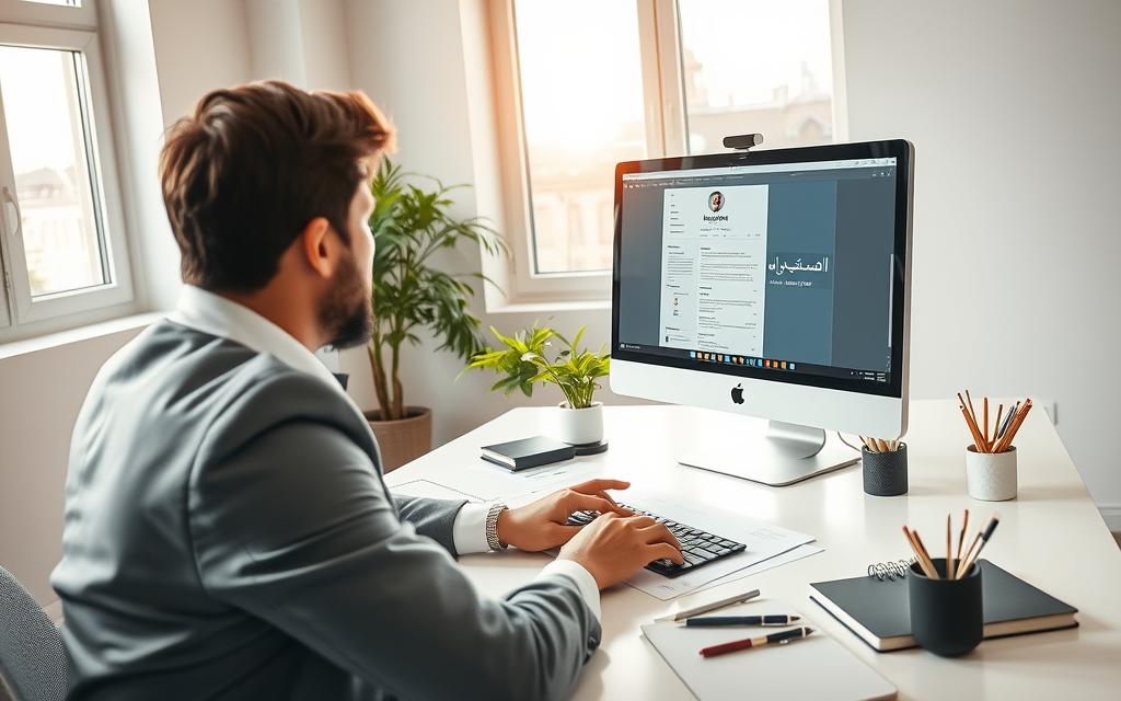 A bright and inviting workspace scene featuring a professional individual in business attire working on a resume design. In the foreground, the person is intently focused on a computer screen displaying a modern, visually appealing resume template from StylingCV. The middle ground includes well-organized documents and a stylish notebook, showcasing essential elements of resume creation. In the background, a large window allows soft natural light to fill the room, creating a warm and motivating atmosphere. The desk is adorned with a few potted plants and stationery, enhancing the theme of productivity. The mood is professional yet creative, emphasizing the steps to quickly and effectively create a resume in Arabic. The image captures the essence of efficiency in resume building, inspiring viewers to take action.