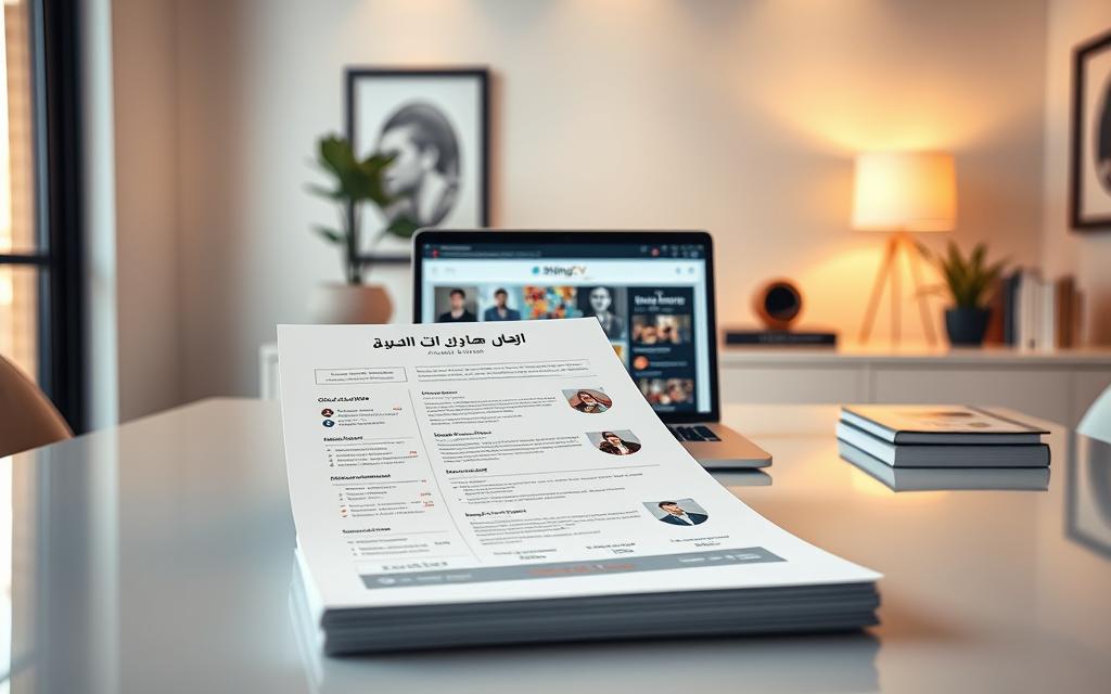 A modern and elegant workspace featuring a professional-looking Arabic resume design prominently displayed on a sleek desk. In the foreground, showcase the resume with its clean layout, artistic use of colors, and well-structured sections, emphasizing its AI-enhanced features. In the middle, include a laptop open to a webpage of "StylingCV", with stylish templates shown on screen, indicating a user-friendly experience. The background should depict a tastefully decorated office or study area with soft, warm lighting that creates an inviting atmosphere, highlighting a sense of professionalism and productivity. Capture the essence of career advancement and innovation in a visually appealing manner. A modern and elegant workspace featuring a professional-looking Arabic resume design prominently displayed on a sleek desk. In the foreground, showcase the resume with its clean layout, artistic use of colors, and well-structured sections, emphasizing its AI-enhanced features. In the middle, include a laptop open to a webpage of "StylingCV", with stylish templates shown on screen, indicating a user-friendly experience. The background should depict a tastefully decorated office or study area with soft, warm lighting that creates an inviting atmosphere, highlighting a sense of professionalism and productivity. Capture the essence of career advancement and innovation in a visually appealing manner.