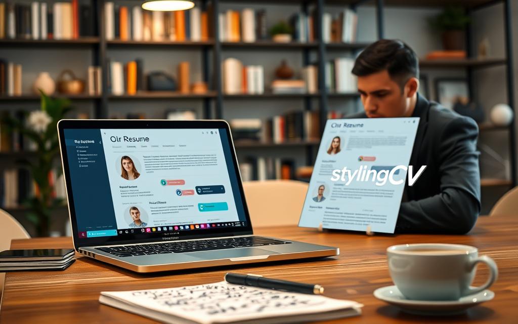 A modern, professional workspace showcasing the step-by-step process of creating a resume using artificial intelligence. In the foreground, a sleek laptop displaying a polished resume template, vibrant user interface elements, and AI features. A person in professional business attire, focused on the screen, their features illuminated by soft overhead lighting. In the middle, a stylish desktop with a notepad filled with handwritten notes and a coffee cup, suggesting productivity. The background features a blurred bookshelf filled with career-related literature and decor that enhances the working environment. The atmosphere is motivating and innovative, highlighting the intersection of technology and professional development. Branding is subtly included with "StylingCV" integrated into the laptop screen design.