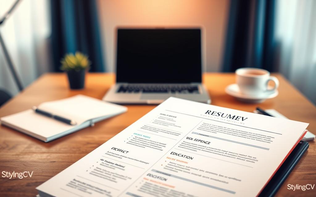 A modern, visually appealing layout of a resume (CV) designed for a professional setting. In the foreground, a neatly arranged resume with clean lines, organized sections, and elegant typography, highlighting key elements like contact information, work experience, and education. In the middle background, a soft-focus desk scene with a stylish laptop, a notepad, and a coffee cup, creating a workspace atmosphere. The background features a subtle gradient, blending professional colors like navy blue and light grey to evoke a sense of professionalism and clarity. The lighting is warm and inviting, simulating natural daylight, enhancing the readability of the resume. Include the brand name "StylingCV" subtly integrated into the design. The overall mood reflects efficiency, creativity, and professionalism.