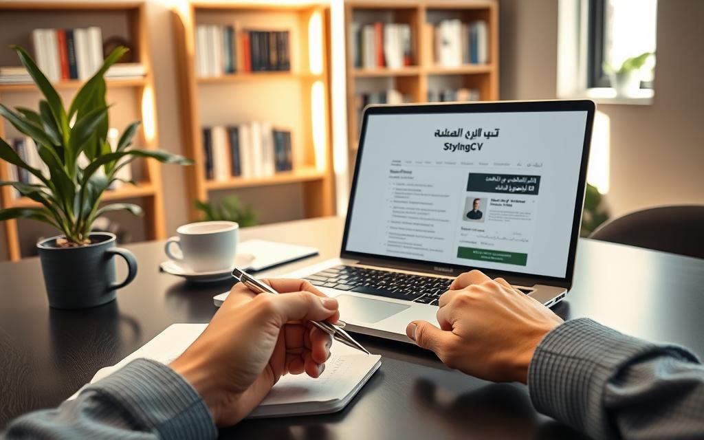 A professional and modern workspace, featuring a sleek desk with a laptop open to a beautifully designed Arabic resume template. In the foreground, a hand is holding a pen, poised above a notepad with notes on the importance of Arabic resume templates. The middle ground includes a stylish plant and a coffee cup, symbolizing a productive environment. The background shows a well-organized bookshelf filled with career development books, softly illuminated by natural morning light pouring through a window, creating a warm and inviting atmosphere. The image conveys a sense of professionalism and inspiration for job seekers. StylingCV is subtly integrated into the design of the resume template on the laptop screen, enhancing the focus on high-quality resume presentation. The overall mood is motivating and encouraging, perfect for anyone looking to enhance their career prospects. A professional and modern workspace, featuring a sleek desk with a laptop open to a beautifully designed Arabic resume template. In the foreground, a hand is holding a pen, poised above a notepad with notes on the importance of Arabic resume templates. The middle ground includes a stylish plant and a coffee cup, symbolizing a productive environment. The background shows a well-organized bookshelf filled with career development books, softly illuminated by natural morning light pouring through a window, creating a warm and inviting atmosphere. The image conveys a sense of professionalism and inspiration for job seekers. StylingCV is subtly integrated into the design of the resume template on the laptop screen, enhancing the focus on high-quality resume presentation. The overall mood is motivating and encouraging, perfect for anyone looking to enhance their career prospects.