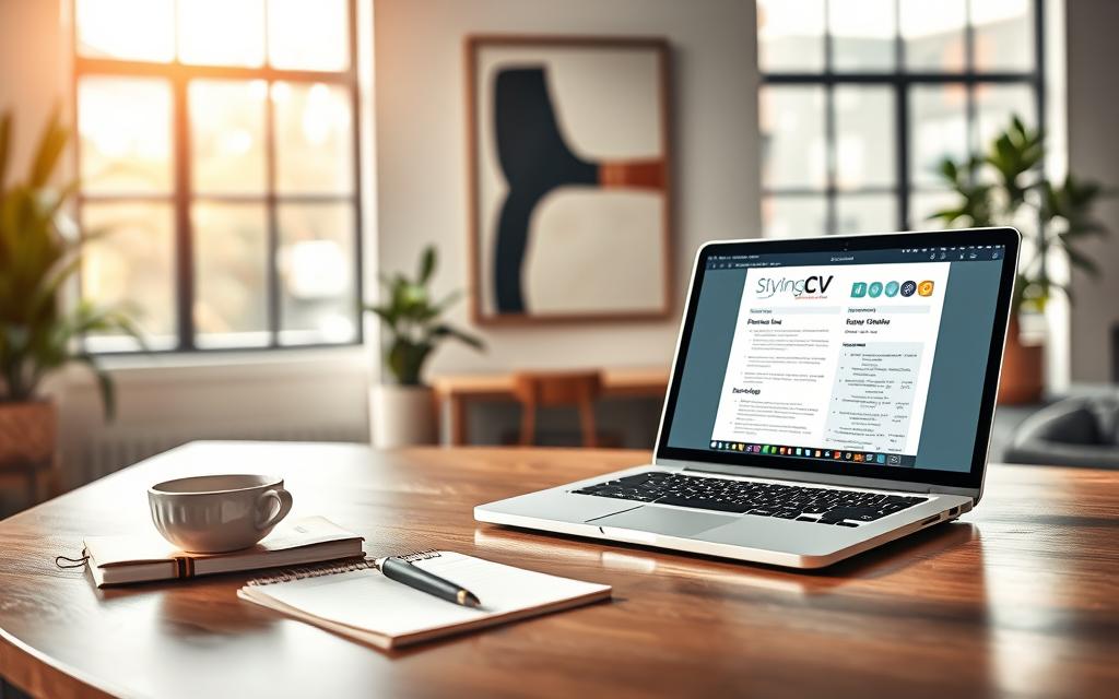 A professional and polished overview of a CV concept, showcasing an elegant workspace. In the foreground, a neatly arranged desk features an open laptop displaying a modern CV template. Beside it, a stylish notepad and a pen are placed along with a cup of coffee. In the middle ground, an abstract wall art piece and a potted plant add a touch of sophistication. The background is softly blurred, consisting of a well-lit office environment with large windows allowing natural light to flood in, creating a warm and inviting atmosphere. The overall mood is focused and aspirational, embodying the essence of professionalism. Incorporate the brand name "StylingCV" subtly in the design elements with a refined aesthetic.