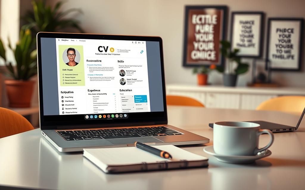A professional and sleek digital workspace featuring a visually engaging interface of a free CV builder by StylingCV. In the foreground, display a modern laptop screen showcasing a vibrant and customizable CV template with sections for personal information, skills, experience, and education. The middle layer should include a desk neatly organized with stationery items, a stylish notebook, and a cup of coffee to create a relatable and inviting atmosphere. The background should depict a softly lit, contemporary office environment with potted plants and framed motivational quotes, enhancing the productivity vibe. Use warm lighting to create an inviting mood, and add a slight depth of field to focus on the laptop screen, establishing a sense of professionalism and creativity in the workspace.