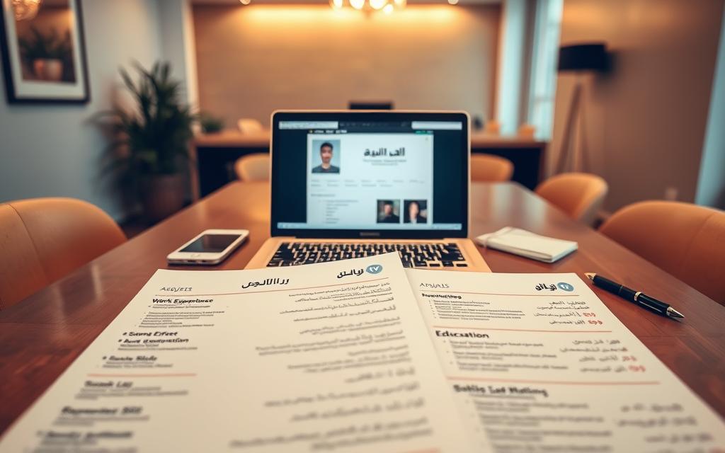 A professional and visually appealing depiction of key elements of a successful Arabic resume. In the foreground, showcase neatly organized sections of a resume featuring headers such as "Contact Information," "Work Experience," "Education," and "Skills," all elegantly designed with a modern aesthetic. In the middle ground, incorporate elements like a stylish laptop showing a resume template from a brand called "StylingCV," surrounded by a few stationery items like a pen and notepad. The background should feature a subtle office environment with soft lighting to create a welcoming and professional atmosphere. Use a warm color palette, focusing on neutral tones. Capture the image from an elevated angle to provide a comprehensive view of the resume components, evoking a sense of professionalism and readiness for job applications.