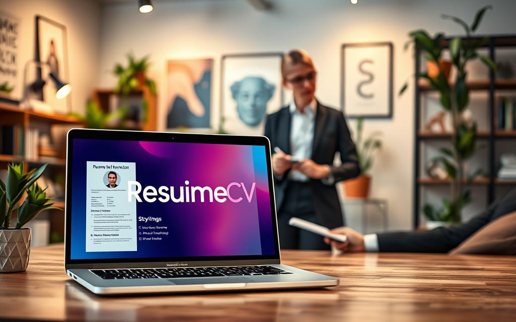 A professional and visually appealing scene illustrating a digital resume creation process. In the foreground, a sleek laptop displays a beautifully designed resume template with the brand name "StylingCV" prominently featured. Enhance the laptop's screen with vibrant colors and modern typography. In the middle ground, a focused professional, dressed in smart business attire, interacts with the laptop and takes notes. The background features a stylish office environment with soft, warm lighting, showcasing bookshelves, plants, and inspirational artwork. The atmosphere is one of productivity and creativity, evoking a sense of empowerment and professionalism. Use a wide-angle lens to capture the entire scene, creating a welcoming and motivating vibe. Ensure the image remains clean and devoid of any text or branding outside of "StylingCV". A professional and visually appealing scene illustrating a digital resume creation process. In the foreground, a sleek laptop displays a beautifully designed resume template with the brand name "StylingCV" prominently featured. Enhance the laptop's screen with vibrant colors and modern typography. In the middle ground, a focused professional, dressed in smart business attire, interacts with the laptop and takes notes. The background features a stylish office environment with soft, warm lighting, showcasing bookshelves, plants, and inspirational artwork. The atmosphere is one of productivity and creativity, evoking a sense of empowerment and professionalism. Use a wide-angle lens to capture the entire scene, creating a welcoming and motivating vibe. Ensure the image remains clean and devoid of any text or branding outside of "StylingCV".