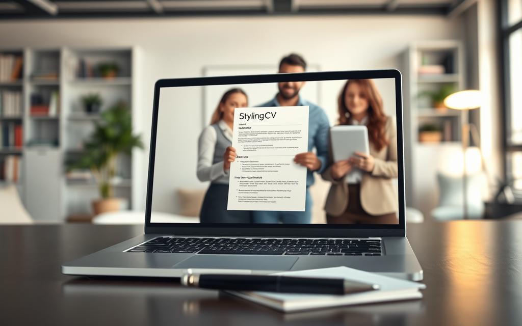 A professional workspace featuring a sleek laptop displaying a clear PDF resume titled "StylingCV" on the screen. In the foreground, a set of neatly arranged stationery, including a pen and a notepad, suggest a focus on attention to detail. The middle ground showcases a well-dressed individual, a mix of diverse professional backgrounds, confidently reviewing their resume. In the background, soft lighting illuminates a modern office setting, with bookcases and plants adding a touch of warmth. The atmosphere conveys a sense of professionalism, optimism, and readiness for job opportunities, emphasizing the importance of having resumes formatted in PDF for job applications. A professional workspace featuring a sleek laptop displaying a clear PDF resume titled "StylingCV" on the screen. In the foreground, a set of neatly arranged stationery, including a pen and a notepad, suggest a focus on attention to detail. The middle ground showcases a well-dressed individual, a mix of diverse professional backgrounds, confidently reviewing their resume. In the background, soft lighting illuminates a modern office setting, with bookcases and plants adding a touch of warmth. The atmosphere conveys a sense of professionalism, optimism, and readiness for job opportunities, emphasizing the importance of having resumes formatted in PDF for job applications.