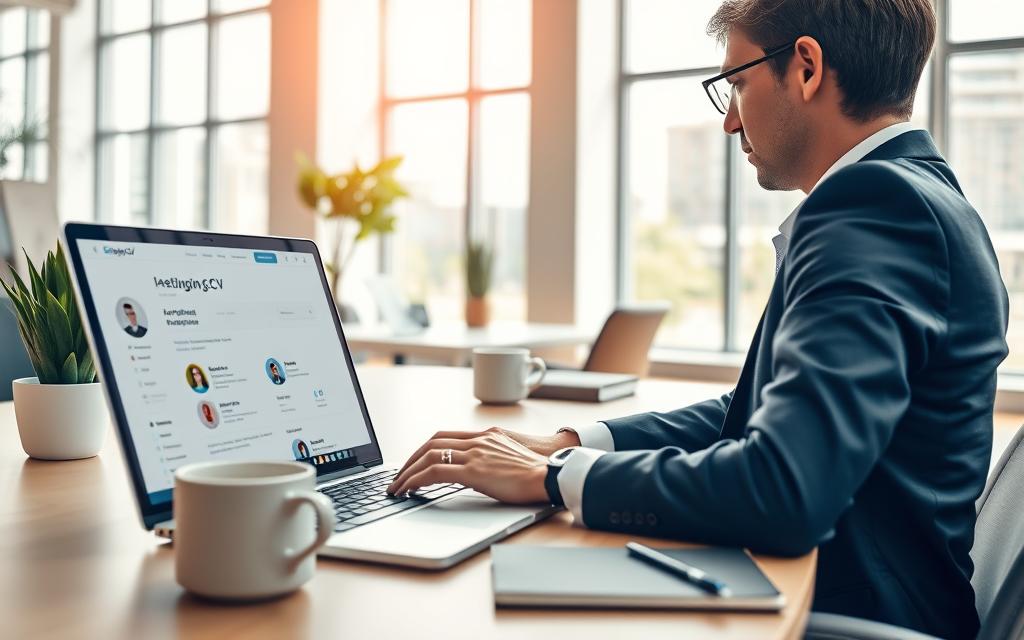 A professional workspace scene featuring a person in business attire, intently working on a modern laptop to create a CV using artificial intelligence tools. In the foreground, a close-up view of the laptop screen shows a user-friendly AI CV builder interface with options for templates and customization. The middle area includes a stylish desk equipped with a potted plant, a coffee mug, and a sleek notebook. The background reveals a bright and airy office space with tall windows allowing natural light to flood in, giving a warm and inviting atmosphere. Emphasize a contemporary aesthetic with clean lines and a calm color palette. The brand name "StylingCV" is subtly indicated on the laptop screen. The overall mood is innovative and professional, demonstrating the integration of technology in resume creation.