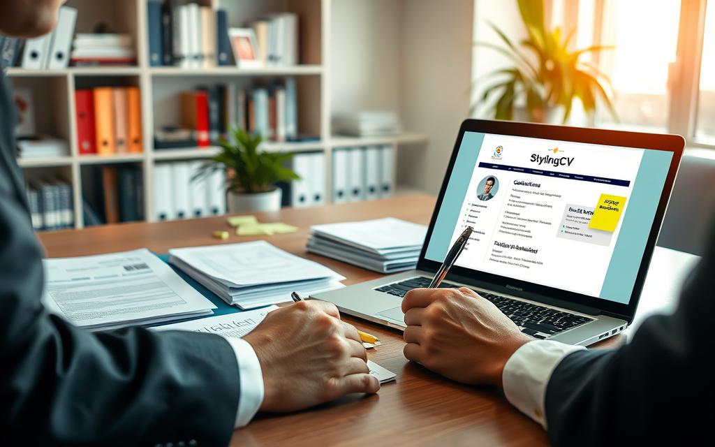 A professional workspace setting, showcasing an organized desk with a laptop displaying a digital template for a resume. In the foreground, a person dressed in smart business attire is intently writing notes on a notepad, with personal information highlighted on sticky notes. The middle ground features a well-structured array of documents, including qualifications, work experience, and contact information, neatly arranged. The background includes bookshelves filled with career development books and a potted plant for a touch of greenery. Soft, natural lighting streamlines through a nearby window, casting a warm glow over the scene, creating an inviting and focused atmosphere. The composition represents the methodical collection of personal data for resume preparation, aligning with the theme of "جمع المعلومات الشخصية للسيرة الذاتية". StylingCV is subtly integrated into the digital template on the laptop screen.