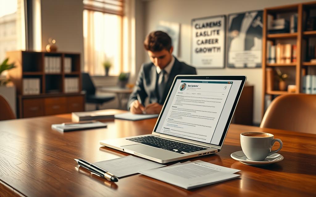 A professional workspace showcasing the importance of a well-crafted resume. In the foreground, a polished wooden desk with an elegant laptop open to a visually appealing resume template from "StylingCV". On the desk, a pen, a cup of coffee, and neatly arranged notes create an inviting atmosphere. In the middle, a person dressed in professional business attire is focused on their resume, emphasizing dedication and attention to detail. The background features a softly lit office with shelves of books and a motivational poster about career growth. The scene is illuminated with warm, natural light from a nearby window, casting gentle shadows that enhance the professionalism of the environment, evoking a sense of purpose and aspiration. The mood is optimistic and inspiring, reflecting the significance of resumes in shaping careers.