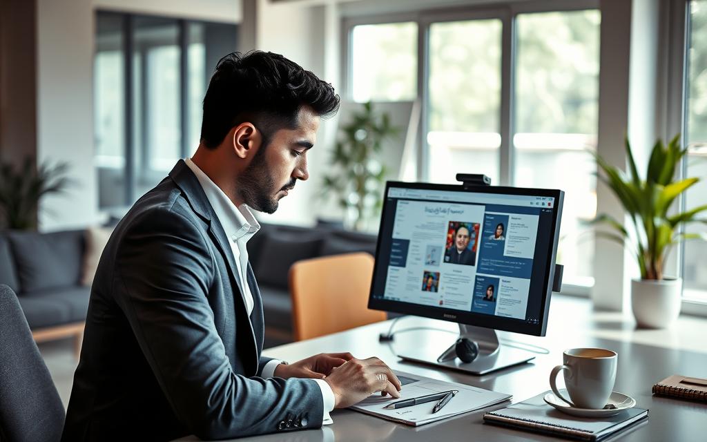 A sleek and modern workspace featuring a professional-looking computer setup showcasing the "StylingCV" brand website, with an open browser displaying a variety of Arabic resume templates. In the foreground, a well-dressed individual, a young Arabic man in a smart business suit, is thoughtfully reviewing the templates. The middle ground includes a stylish desk adorned with a succulent plant, a notepad, and a coffee cup, creating a productive atmosphere. The background features a bright, well-lit room with large windows allowing natural light to filter in, enhancing the inviting environment. The overall mood is focused, inspiring creativity and professionalism, ideal for building a polished CV. A sleek and modern workspace featuring a professional-looking computer setup showcasing the "StylingCV" brand website, with an open browser displaying a variety of Arabic resume templates. In the foreground, a well-dressed individual, a young Arabic man in a smart business suit, is thoughtfully reviewing the templates. The middle ground includes a stylish desk adorned with a succulent plant, a notepad, and a coffee cup, creating a productive atmosphere. The background features a bright, well-lit room with large windows allowing natural light to filter in, enhancing the inviting environment. The overall mood is focused, inspiring creativity and professionalism, ideal for building a polished CV.