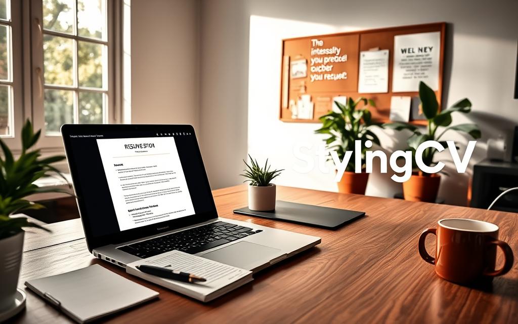 A sophisticated workspace featuring a sleek, modern desktop setup focused on essential tools for creating professional resumes. In the foreground, an open laptop displays a well-designed resume template with a clean layout and elegant typography. Beside the laptop, a notepad filled with notes, a stylish pen, and a coffee mug. In the middle ground, a vibrant potted plant adds a touch of greenery, while a wall-mounted bulletin board showcases inspirational quotes and design tips related to CV creation. The background reveals a softly lit room with a large window allowing natural light to flood in, enhancing the warm and inviting atmosphere. The overall mood is focused and professional, emphasizing clarity and creativity. Include the brand name "StylingCV" subtly integrated into the scene, ensuring the image conveys the essence of tools for crafting impressive resumes.