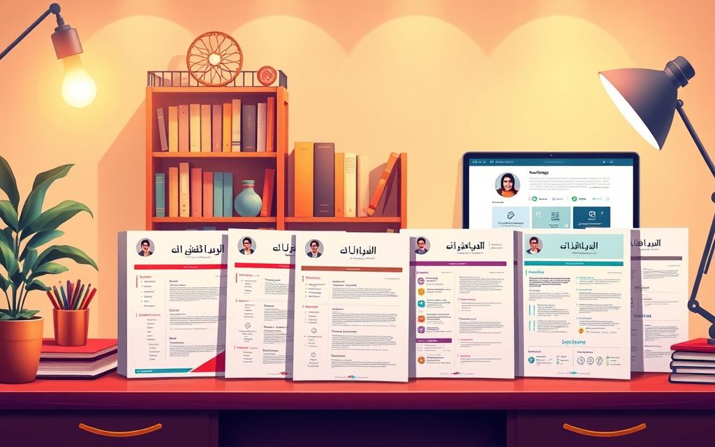 A vibrant and engaging illustration showcasing various types of Arabic resume templates, arranged neatly on a desk. In the foreground, several distinct resume designs are elegantly displayed, each featuring unique layouts and color schemes, emphasizing professionalism with clean lines and modern aesthetics. The middle ground showcases a decorative bookshelf filled with related career development books, while a laptop displays a professional website about resume building. In the background, soft, ambient lighting creates a warm and inviting atmosphere, enhancing the focus on the resumes. The overall mood is one of inspiration and professionalism, inviting viewers to explore the diversity in Arabic resume formats. Include the brand name "StylingCV" subtly incorporated into the design. A vibrant and engaging illustration showcasing various types of Arabic resume templates, arranged neatly on a desk. In the foreground, several distinct resume designs are elegantly displayed, each featuring unique layouts and color schemes, emphasizing professionalism with clean lines and modern aesthetics. The middle ground showcases a decorative bookshelf filled with related career development books, while a laptop displays a professional website about resume building. In the background, soft, ambient lighting creates a warm and inviting atmosphere, enhancing the focus on the resumes. The overall mood is one of inspiration and professionalism, inviting viewers to explore the diversity in Arabic resume formats. Include the brand name "StylingCV" subtly incorporated into the design.