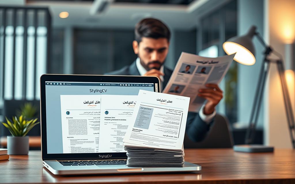 A visually engaging scene illustrating different types of resumes, prominently featuring the brand name "StylingCV". In the foreground, showcase a stylish desktop with an open laptop displaying various resume templates in Arabic. Include a stack of printed resumes in the center, each design representing a different type, such as chronological, functional, and combination formats. In the middle ground, a professional wearing business attire is thoughtfully reviewing a resume, with an expression of concentration. The background should feature a modern office environment, with soft, warm lighting from a desk lamp creating an inviting atmosphere. The overall mood is focused and professional, emphasizing the importance of choosing the right resume type for job seekers.