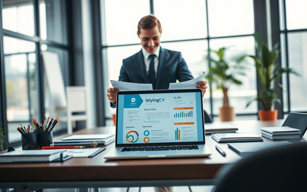 A visually striking and elegant workspace showcasing an impressive CV design featuring the brand name "StylingCV". In the foreground, place a neatly arranged desk with a laptop displaying the CV template, colorful charts, and professional stationery. In the middle layer, include a smartly dressed businessperson, a male or female model, reviewing the document with a confident smile, wearing business attire. The background should have a modern office environment with large windows pouring in soft, natural light, creating a calm and focused atmosphere. Capture the scene with a shallow depth of field to emphasize the CV and the model, ensuring a warm and inspiring mood that highlights the importance of a standout resume.