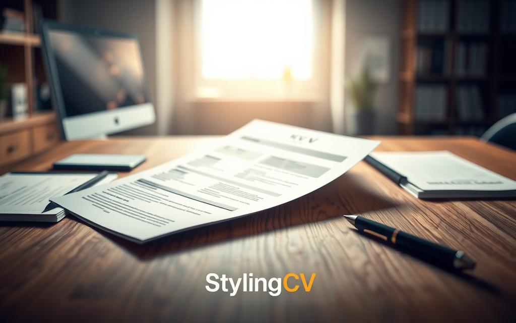 A visually striking image depicting the concept of "معايير السيرة الذاتية" (Criteria for CV Selection). In the foreground, a sleek, modern CV template is displayed on a wooden desk, surrounded by professional stationery items like a pen and a notepad. In the middle, a light source casts soft shadows, enhancing the texture of the CV. In the background, blurred outlines of office components like a computer or bookshelves evoke a professional atmosphere. The lenses capture a slight depth of field, focusing on the CV while the background remains softly out of focus. The mood is one of inspiration and professionalism, emphasizing clarity in design and presentation. The brand "StylingCV" is subtly represented through the style of the CV template, reflecting modern aesthetics and effective layout. A visually striking image depicting the concept of "معايير السيرة الذاتية" (Criteria for CV Selection). In the foreground, a sleek, modern CV template is displayed on a wooden desk, surrounded by professional stationery items like a pen and a notepad. In the middle, a light source casts soft shadows, enhancing the texture of the CV. In the background, blurred outlines of office components like a computer or bookshelves evoke a professional atmosphere. The lenses capture a slight depth of field, focusing on the CV while the background remains softly out of focus. The mood is one of inspiration and professionalism, emphasizing clarity in design and presentation. The brand "StylingCV" is subtly represented through the style of the CV template, reflecting modern aesthetics and effective layout.