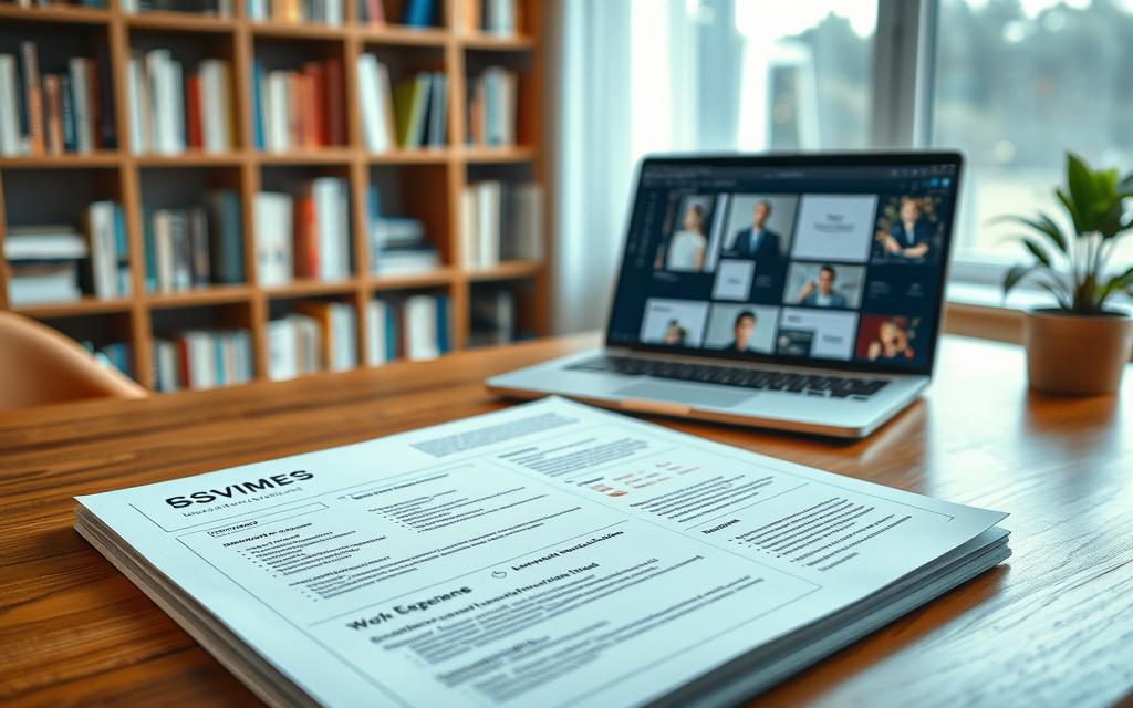 A well-organized and visually appealing layout of a modern CV design. In the foreground, display a polished and structured resume on a wooden desk, featuring sections like education, work experience, and skills, with elegant typography and bullet points. The middle ground should include a stylish laptop open to a graphic design software interface, showing templates for creating CVs. The background can feature a softly blurred bookshelf filled with professional development books, with natural light streaming in from a nearby window, creating a warm and inviting atmosphere. Emphasize professionalism and creativity, reflecting the essence of "StylingCV." The mood should inspire confidence and motivation, suitable for job seekers crafting their personal brand.