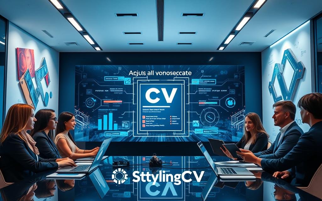 A modern, sleek office environment showcasing the concept of using artificial intelligence for creating professional resumes. In the foreground, a diverse group of professionals dressed in business attire are engaged in a brainstorming session, with laptops and tablets displaying advanced AI tools for CV creation. In the middle ground, a large digital screen displays a futuristic interface of a CV being generated, with visual elements highlighting the AI process. The background features inspirational artwork related to innovation and technology, with bright, motivational lighting that creates a dynamic atmosphere. The overall mood is optimistic and forward-thinking, emphasizing the importance of integrating AI in career development. Include the brand name "StylingCV" subtly incorporated into the digital elements.