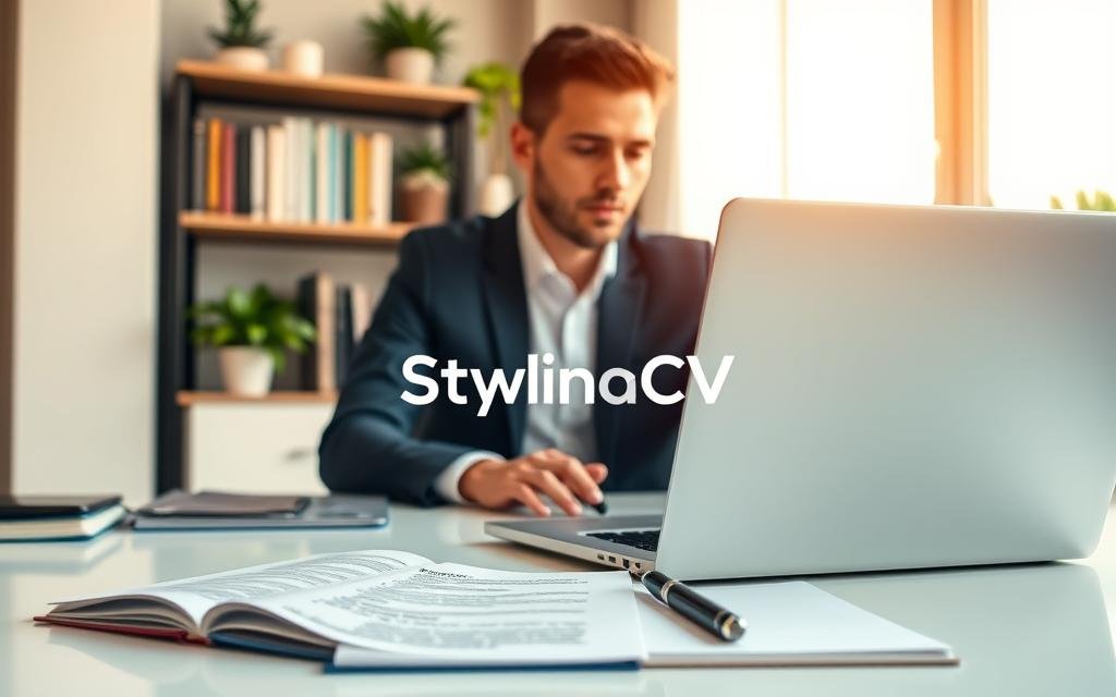 A business professional sitting at a modern desk, focused on their computer screen displaying a digital CV tailored for Applicant Tracking Systems (ATS). In the foreground, a sleek laptop with clear visuals of ATS software interface showing easy navigation and keyword optimization tools. The middle ground features a notepad with effective resume tips and a stylish pen, enhancing the workspace vibe. In the background, a well-organized bookshelf filled with career development books and plants for a touch of greenery. Soft, natural lighting streams in from a window, creating a warm atmosphere that conveys professionalism and productivity. Branding logo "StylingCV" subtly integrated within the scene, emphasizing the focus on creating standout, ATS-compatible resumes.
