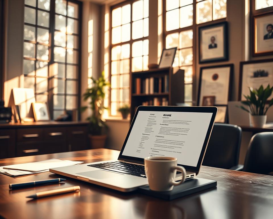 A professional office interior, flooded with warm natural light from large windows. On a well-appointed desk, a laptop displays a resume, alongside a cup of coffee and a few carefully arranged stationery items. In the background, a bookshelf and framed certificates suggest a career of accomplishments. The composition evokes a sense of thoughtful, focused work, with a touch of sophistication. The lighting casts subtle shadows, creating depth and dimension. Overall, the scene conveys the essence of a meaningful professional experience.