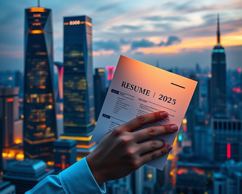 A vibrant cityscape at dusk, with towering skyscrapers and a bustling urban landscape. In the foreground, a professional holding a crisp, neatly folded resume, their face illuminated by a soft, warm glow, conveying the importance of this document in the rapidly evolving job market of 2025. The resume appears to be slightly elevated, casting a subtle, yet impactful shadow, symbolizing its growing significance. The background is filled with a sense of dynamism and progress, hinting at the transformative changes shaping the employment landscape. The overall mood is one of optimism, innovation, and the indispensable role a well-crafted resume will play in navigating the job opportunities of the future.