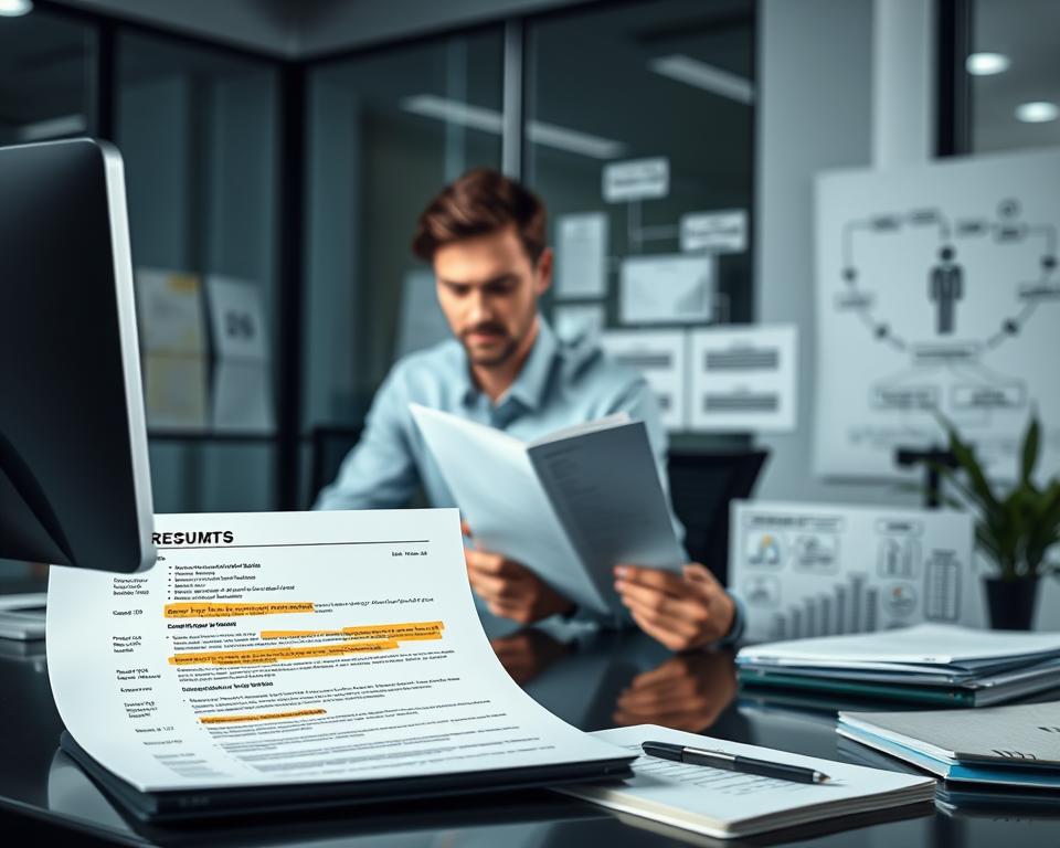 A sleek, modern office setting with a desk, computer, and various documents and files. In the foreground, a resume is being evaluated by an ATS system, with highlighted keywords and sections being analyzed. The middle ground features an HR professional closely reviewing the resume, their expression conveying thoughtful consideration. In the background, a series of flow charts and diagrams illustrate the ATS resume evaluation process, with data points and algorithmic elements. The lighting is soft and directional, creating depth and emphasizing the detailed review taking place. The overall atmosphere is one of efficiency, professionalism, and the importance of resume optimization for ATS compliance.