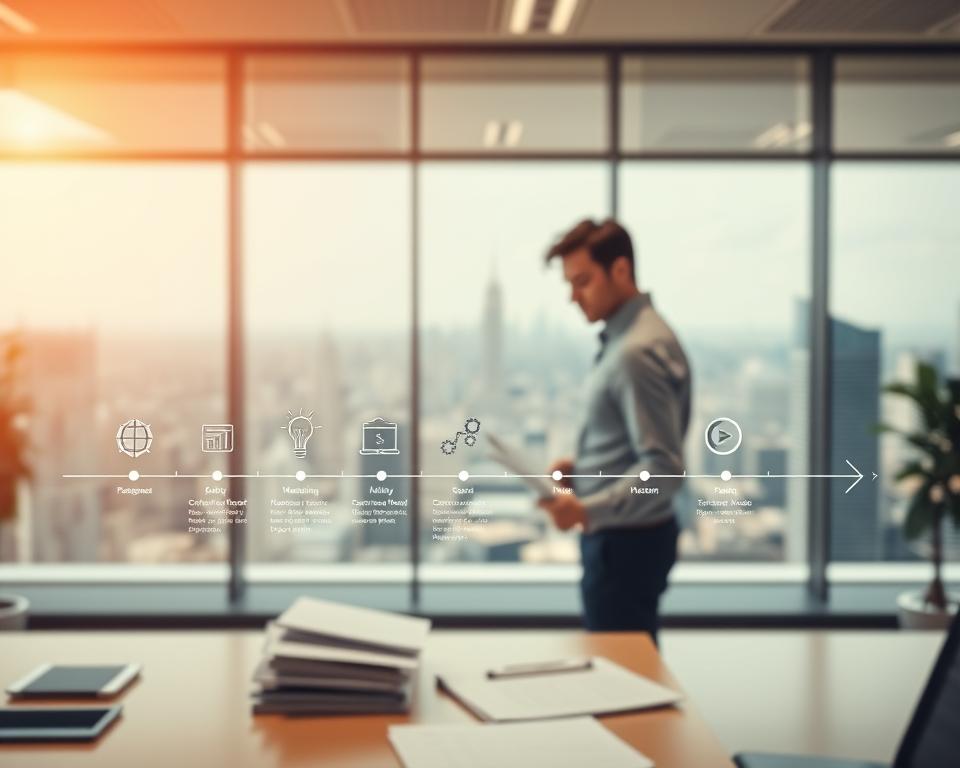 A professional office setting with a career progression theme. In the foreground, a person stands at a desk, reviewing documents and contemplating their next steps. The middle ground features a timeline of milestones, with icons representing different stages of advancement - from entry-level to management. In the background, a panoramic view of a bustling cityscape, symbolizing the vast opportunities for growth and development. Warm, directional lighting casts a sense of optimism and ambition, while a shallow depth of field emphasizes the subject's focused gaze. The overall composition conveys the purpose of the work experience section - to showcase one's professional journey and highlight the valuable skills acquired along the way.