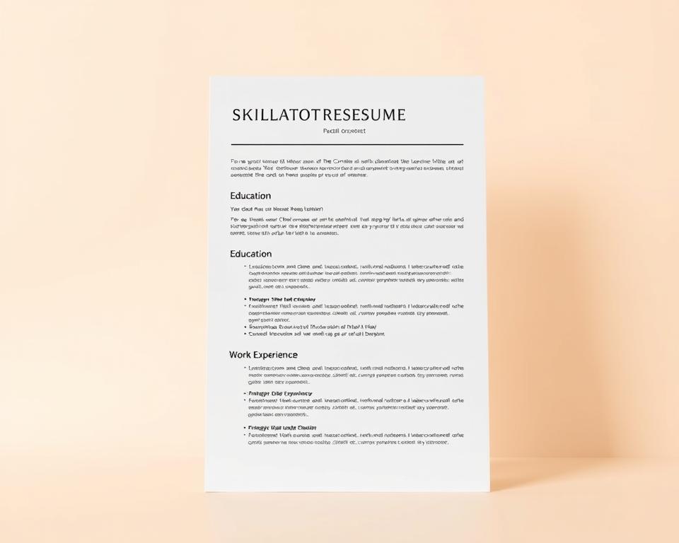 A professional, neatly arranged resume with essential sections displayed in a clean, minimalist layout. The document is presented against a soft, neutral background, bathed in warm, diffused lighting that accentuates the crisp typography and organized structure. In the foreground, distinct sections such as "Contact Information," "Education," "Work Experience," and "Skills" are delineated with subtle dividers, allowing the viewer to easily navigate the document. The middle ground features a balanced composition, with ample whitespace complementing the carefully crafted content. In the background, a faint grid or subtle pattern adds a touch of sophistication, creating a professional and polished aesthetic befitting a modern, high-quality resume.