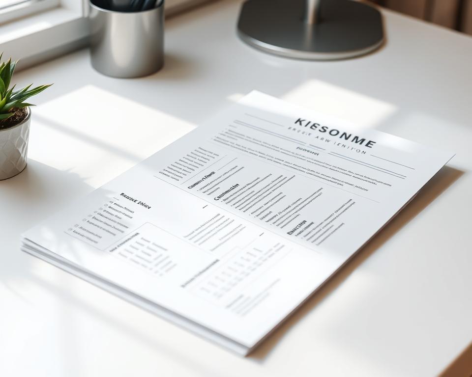 A professional resume example displayed on a clean white desk, with a neatly organized layout showcasing sections such as work experience, skills, and education. The resume is presented in a minimalist and modern design, with a focus on clarity and readability. Soft, natural lighting illuminates the page, creating a sense of professionalism and attention to detail. The background is slightly blurred, emphasizing the resume as the central focus. The overall atmosphere conveys a sense of organization, precision, and a high-quality presentation suitable for a modern, successful career.