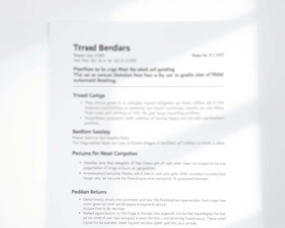 A professional, minimalist resume layout with clean typography and neat, well-structured sections against a plain, neutral background. The resume content is blurred and illegible, emphasizing the formatting and structure rather than specific details. Soft, diffused lighting creates a sense of calm and professionalism. The overall composition conveys an organized, ATS-friendly resume design that would pass automated screening.