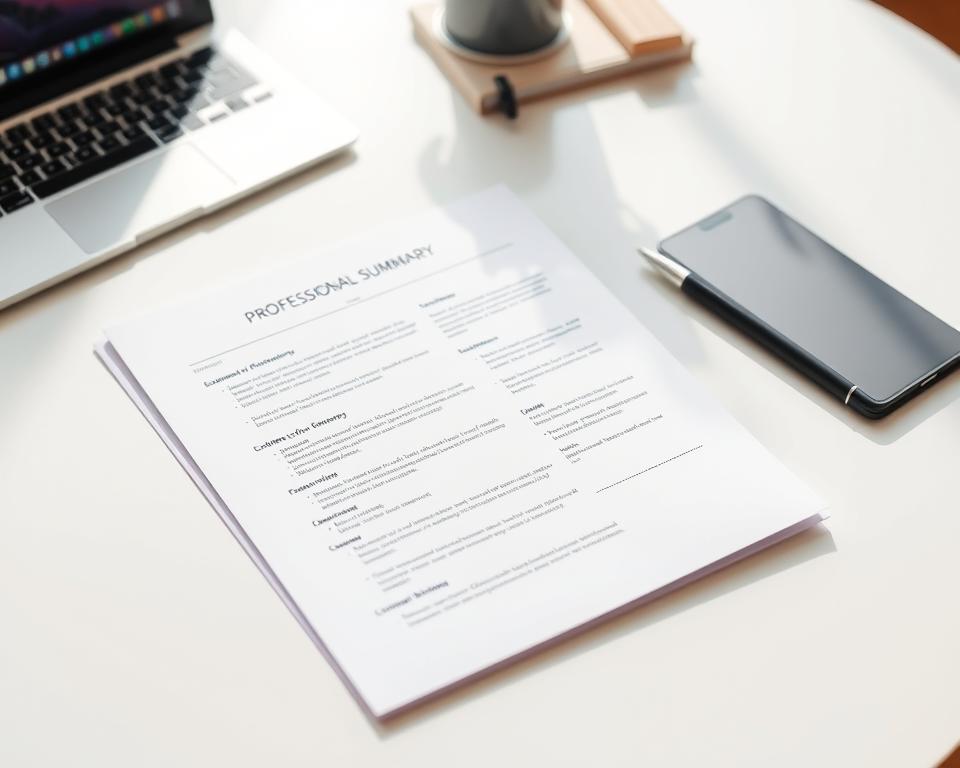 A neatly organized professional summary document on a clean, minimalist desk. The page features clean typography and well-formatted sections, conveying a sense of structure and clarity. Soft, natural lighting illuminates the scene, creating a professional and polished atmosphere. The composition focuses on the document, with a subtle background featuring office supplies or a laptop to suggest a workplace setting. The overall aesthetic is modern, elegant, and visually appealing, reflecting the high-quality nature of an effective professional summary.