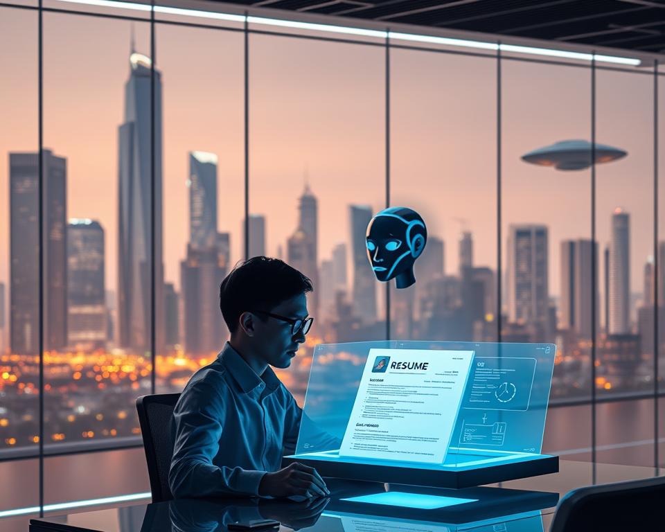 A futuristic office setting, with a sleek and minimalist design. In the foreground, a job applicant sits at a desk, their resume hovering in front of them, surrounded by a holographic interface. The applicant's face is illuminated by the soft, ambient lighting, creating a contemplative atmosphere. In the middle ground, a virtual assistant, represented by a stylized AI avatar, provides guidance and analysis, offering insights into the applicant's qualifications. The background depicts a city skyline, with towering skyscrapers and hovering transport pods, conveying the advanced technological landscape of the year 2025. Overall, the image should convey the seamless integration of AI-driven processes in the job application process, reflecting the theme of "The Evolution of Job Applications in an AI World".