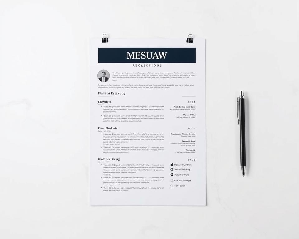 A well-organized and visually striking resume example, presented against a clean, minimalist background. The document takes up the center of the frame, with a sense of balance and symmetry. Soft, diffused lighting illuminates the crisp, tailored layout, showcasing a clear hierarchy of information. The resume format is modern and professional, with thoughtful use of typography, spacing, and strategic emphasis on key sections. Subtle details, such as paperclips or a pen, add a touch of tactile realism. The overall mood is one of clarity, refinement, and an attention to detail that reflects the careful curation of a tailored curriculum vitae.