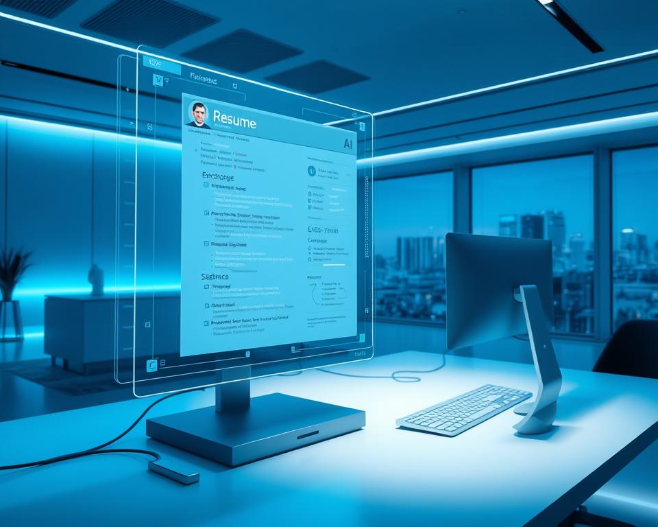 Ein eleganter, futuristischer Arbeitsbereich, der in kühle Blautöne und sanfte Umgebungsbeleuchtung getaucht ist. Im Vordergrund wird auf einem holografischen Display ein virtueller Lebenslauf angezeigt, dessen Inhalt sich in Echtzeit dynamisch verändert und aktualisiert. Daneben analysiert eine fortschrittliche KI-Schnittstelle den Lebenslauf und hebt die wichtigsten Fähigkeiten und Erfahrungen hervor. Im Mittelgrund deuten ein stilisierter Desktop-Computer und eine Tastatur auf die technologischen Grundlagen dieses innovativen Lebenslaufsystems hin. Der Hintergrund zeigt eine klare, minimalistische Architektur mit großen Fenstern, die eine moderne Stadtsilhouette überblicken und die Integration dieser KI-gesteuerten Lebenslauftechnologie in die berufliche Landschaft der Zukunft suggerieren.