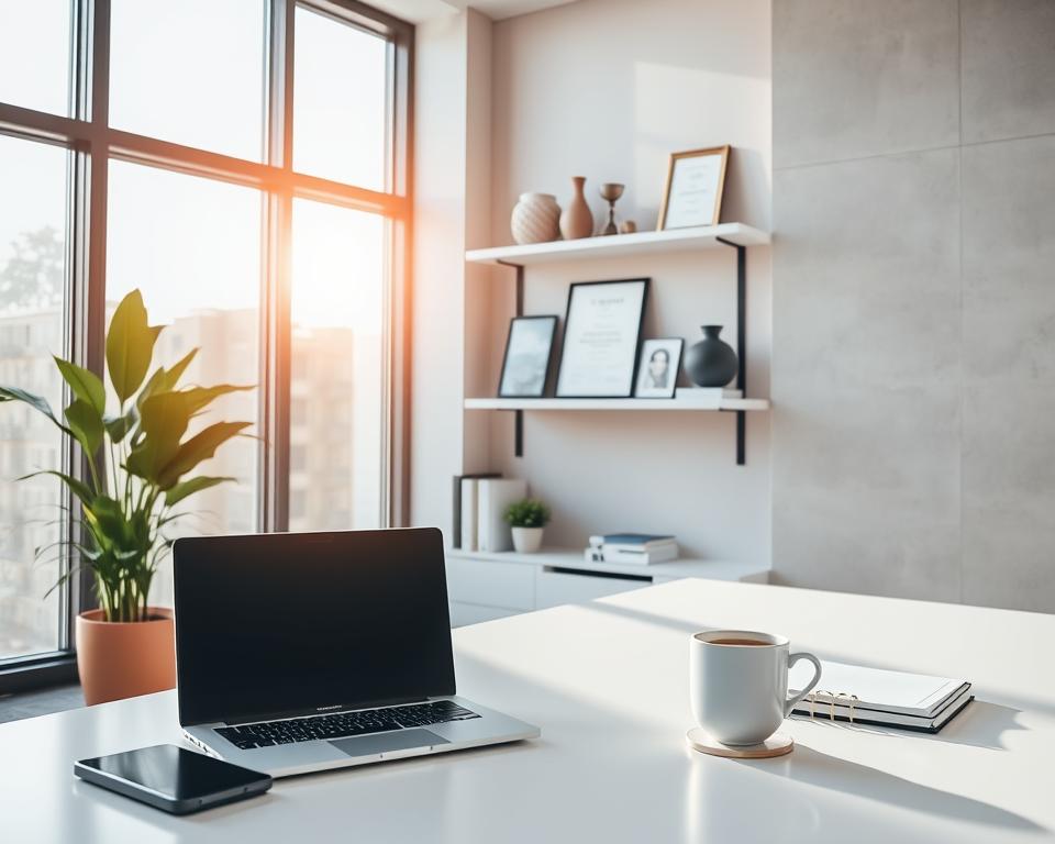 Un bureau professionnel moderne et élégant. Un éclairage naturel intense filtre à travers de grandes fenêtres, jetant une lueur chaleureuse sur l'espace. Au premier plan, un bureau bien organisé accueille un ordinateur portable, de la papeterie et une tasse de café. Au milieu, des étagères présentent des récompenses, des certificats et une décoration de bon goût. L'arrière-plan montre un mur minimaliste aux tons neutres et à la texture subtile, qui complète l'esthétique sophistiquée de l'ensemble. La composition transmet un sentiment de productivité, de réussite et d'environnement propice à un travail efficace.